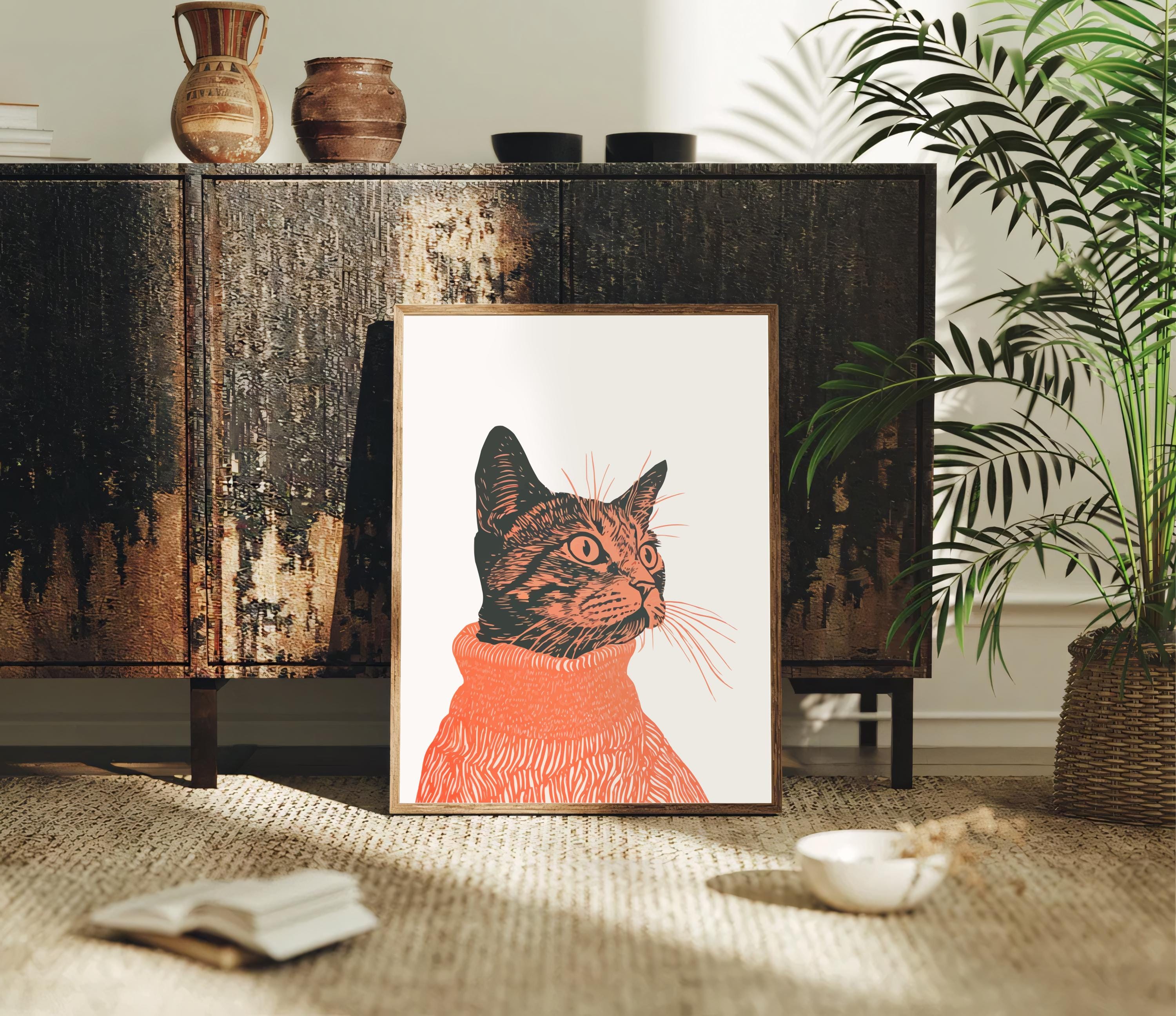 Tabby Cat Wall Art Print - Retro Linocut Illustration, Vintage Boho ...