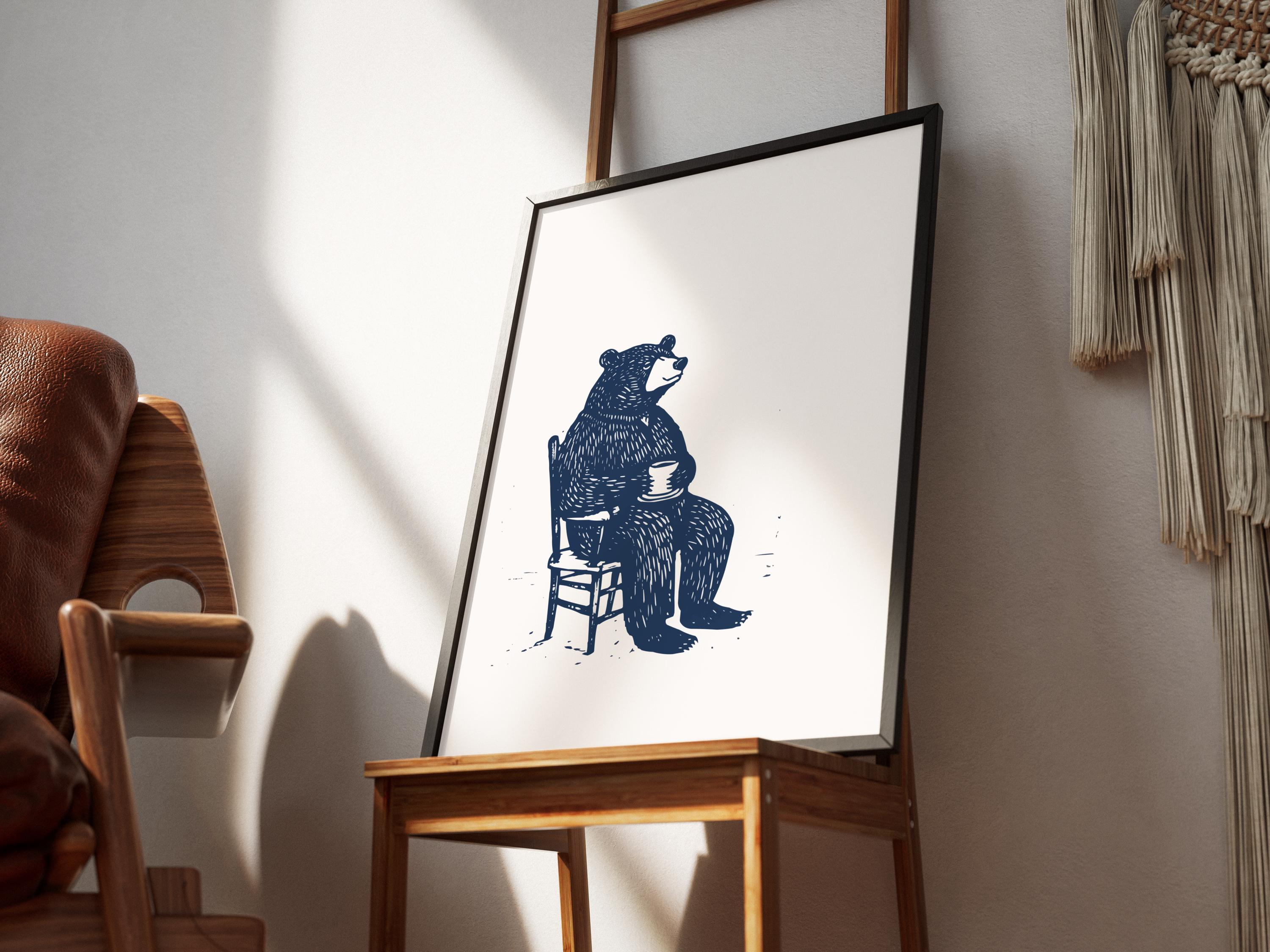 風変わりなクマのコーヒーアートプリント、かわいいクマの絵、レトロな