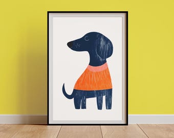 Retro Dachshund Artwork, Quirky Dachshund Drawing,Mid-Century Linocut Wiener Dog Art,Vintage Sausage Dog Portrait,Minimal Nursery Kids Decor