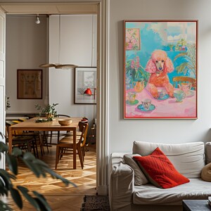 Arte surreal de poodle rosa, arte psicodélica, pôster retrô de cachorro e café, pintura de xícaras de chá para sala de jantar, decoração de cozinha feminina com dopamina imagem 3