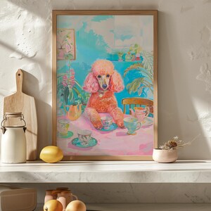 Arte surreal de poodle rosa, arte psicodélica, pôster retrô de cachorro e café, pintura de xícaras de chá para sala de jantar, decoração de cozinha feminina com dopamina imagem 7