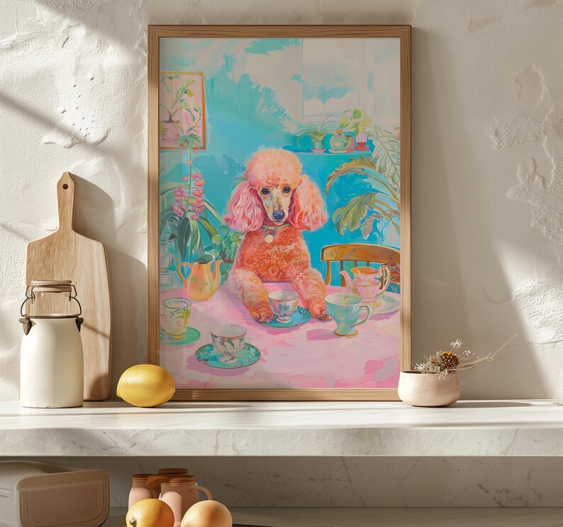 Arte surreal de poodle rosa, arte psicodélica, pôster retrô de cachorro e café, pintura de xícaras de chá para sala de jantar, decoração de cozinha feminina com dopamina imagem 7