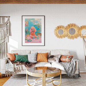 Arte surreal de poodle rosa, arte psicodélica, pôster retrô de cachorro e café, pintura de xícaras de chá para sala de jantar, decoração de cozinha feminina com dopamina imagem 6