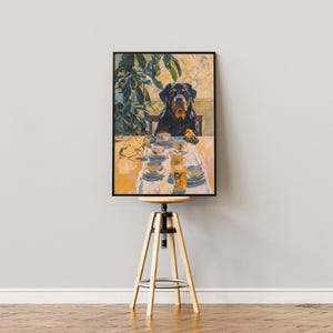 Retro Rottweiler Art Print, Dog & Coffee Illustration Poster, Dining Room Teacups Artwork,Still Life Painting,Vintage Kitchen Decor,Mom Gift image 2