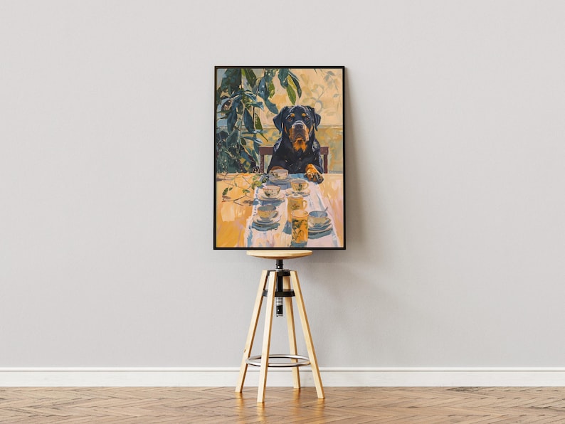 Retro Rottweiler Art Print, Dog & Coffee Illustration Poster, Dining Room Teacups Artwork,Still Life Painting,Vintage Kitchen Decor,Mom Gift image 2