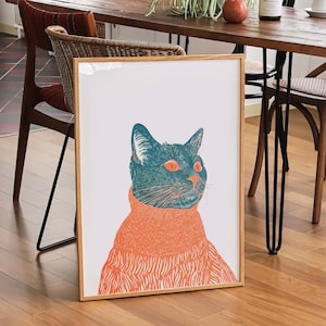 Stampa artistica da parete con gatto nero eccentrico, strana linoleografia retrò con gatto, illustrazione di maglione con gatto, poster vintage, arredamento minimalista eclettico boho, regalo per mamma gatta