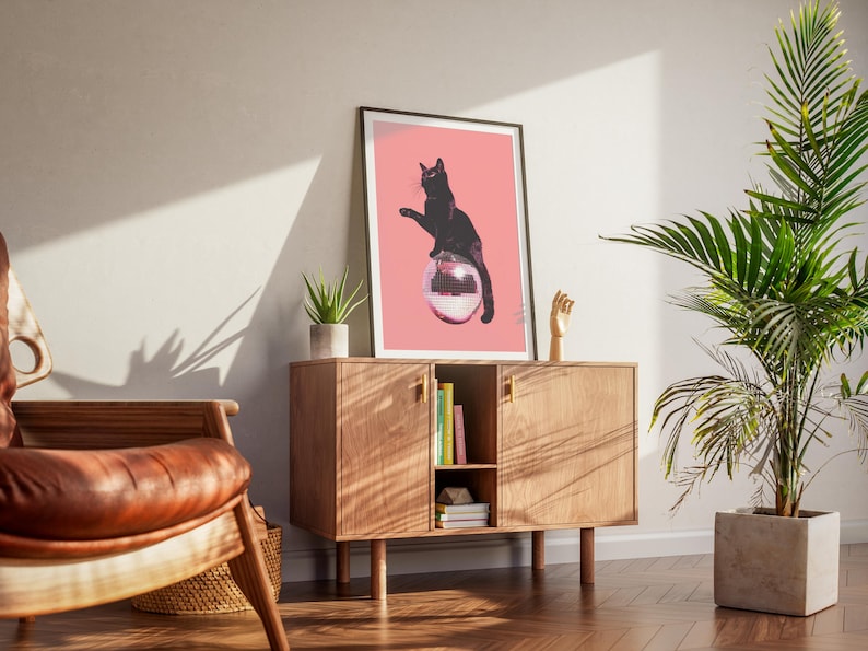 Black Cat Disco Ball Poster,funky Disco 70s Print,retro Cat Wall Art