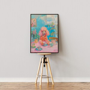 Arte surreal de poodle rosa, arte psicodélica, pôster retrô de cachorro e café, pintura de xícaras de chá para sala de jantar, decoração de cozinha feminina com dopamina imagem 2