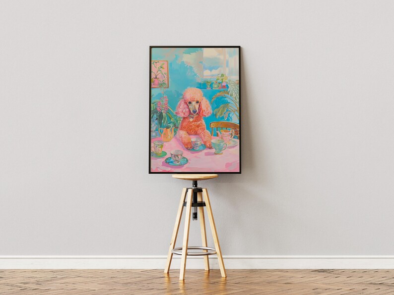 Arte surreal de poodle rosa, arte psicodélica, pôster retrô de cachorro e café, pintura de xícaras de chá para sala de jantar, decoração de cozinha feminina com dopamina imagem 2