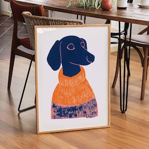 Retro Dackel Kunstwerk, Dackel Zeichnung, Mid-Century Linolschnitt Dackel Hund, Vintage Dackel Porträt, Minimales Kinderzimmer Dekor