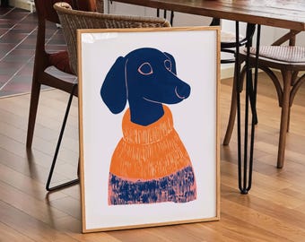 Retro Dachshund Artwork, Quirky Dachshund Drawing,Mid-Century Linocut Wiener Dog Art,Vintage Sausage Dog Portrait,Minimal Nursery Kids Décor