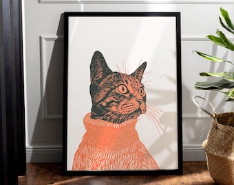 Stampa artistica da parete con gatto soriano - Illustrazione retrò in linoleografia, decorazione per la casa minimalista boho vintage, poster regalo per mamma gatta, decorazione per camera da letto con gatto eccentrico