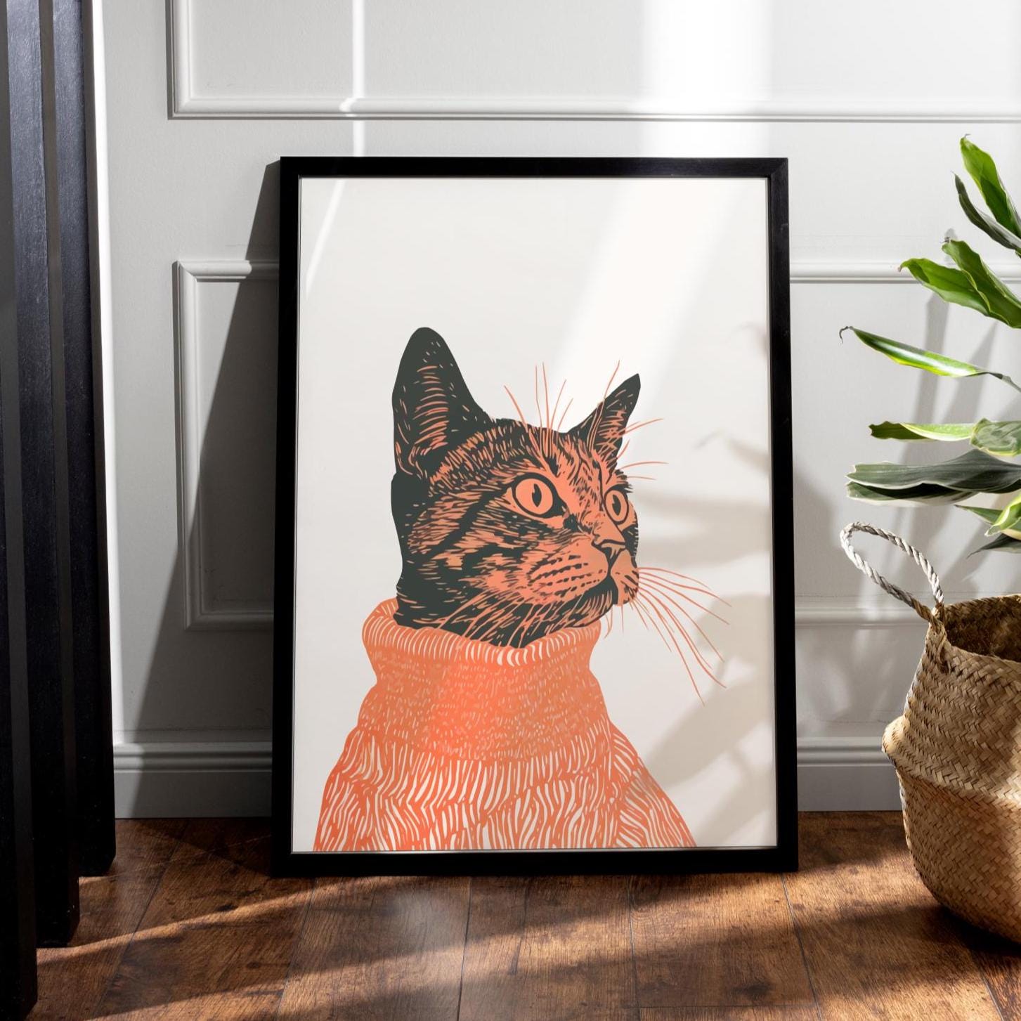 Tabby Cat Wall Art Print - Retro Linocut Illustration, Vintage Boho ...