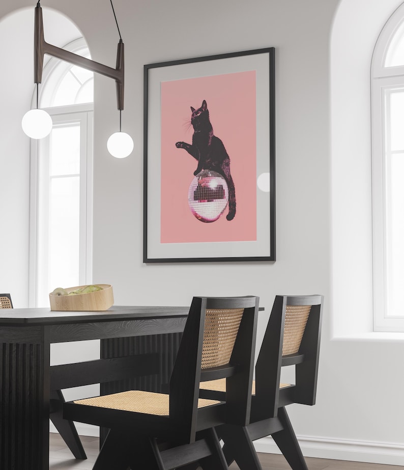 Black Cat Disco Ball Poster,funky Disco 70s Print,retro Cat Wall Art