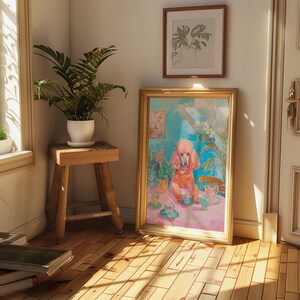 Arte surreal de poodle rosa, arte psicodélica, pôster retrô de cachorro e café, pintura de xícaras de chá para sala de jantar, decoração de cozinha feminina com dopamina imagem 5