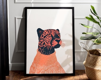 Retro Cheetah Wall Art Print, Weird Quirky Cheetah Artwork Lino,African Feline Poster,Vintage Eclectic Minimal Jungle Decor,Big Cat Mom Gift