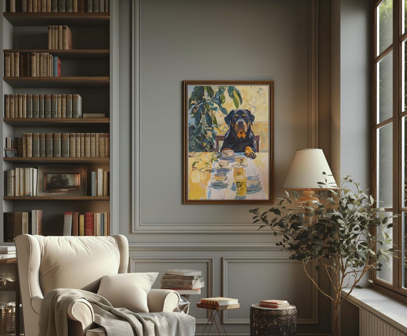 Retro Rottweiler Art Print, Dog & Coffee Illustration Poster, Dining Room Teacups Artwork,Still Life Painting,Vintage Kitchen Decor,Mom Gift image 8