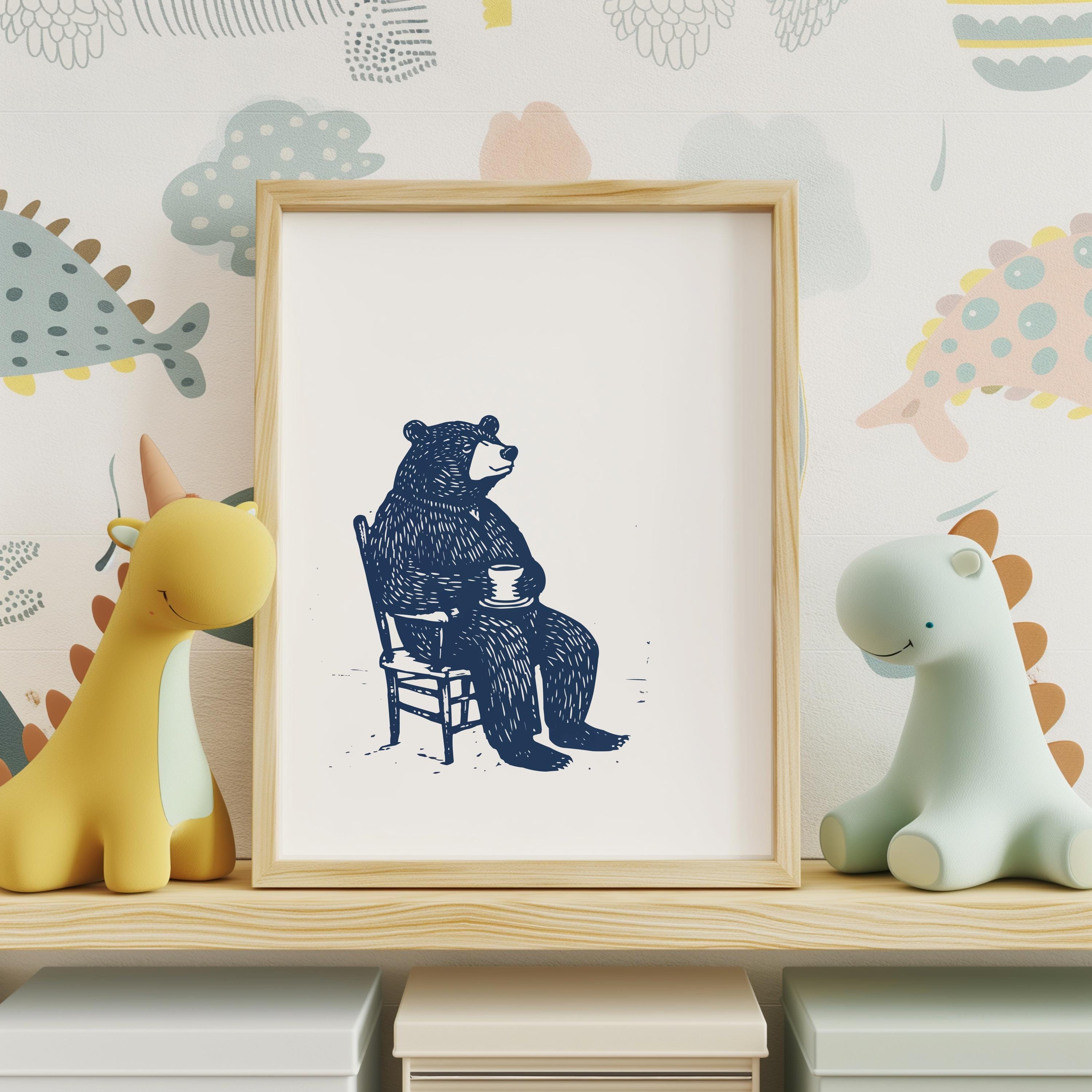 抽象的な動物イラスト A4サイズ額付き発送♥手描き♥人気♥ 風変わりなクマのコーヒーアートプリント、かわいいクマの絵、レトロな