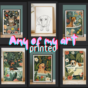 Animal Wall Art Print on Fine Art Paper, CHOOSE FROM 100+ dog & cat breeds, Eclectic Boho Tropical Poster, Maximalist Botanical Bath Decor