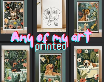 Animal Artworks, Pet Art Prints: 100+ dog & cat breeds,Eclectic Boho Tropical Poster,Maximalist Botanical Bath Decor,Line Drawing,Owner Gift