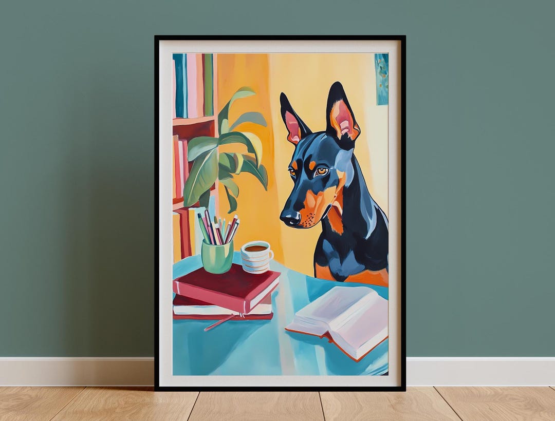 Retro Doberman Study Wall Art Print, Desk Dog Vintage Office Decor,dorm ...