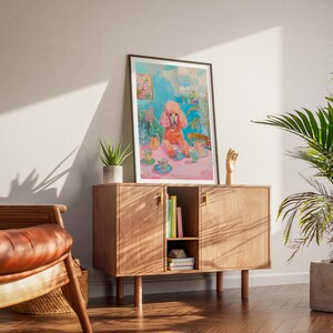 Arte surreal de poodle rosa, arte psicodélica, pôster retrô de cachorro e café, pintura de xícaras de chá para sala de jantar, decoração de cozinha feminina com dopamina imagem 4