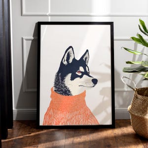 Retro Siberian Husky Kunstdruck, schrullig seltsamer Hund Linolschnitt Wandkunst, Vintage Poster, Boho Eclectic Minimal Decor, Husky Mom Hundeliebhaber Geschenk