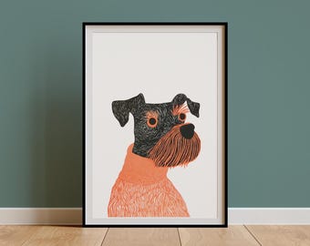 Retro Miniature Schnauzer Artwork,Vintage MidCentury Linocut Schnauzer Art Print,Funny Dog Drawing,Nursery Kids Room,Dog Mom Schnauzer Gift