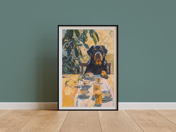 Retro Rottweiler Art Print, Dog & Coffee Illustration Poster, Dining Room Teacups Artwork,Still Life Painting,Vintage Kitchen Decor,Mom Gift