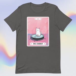 Camiseta con carta de tarot de gato, camiseta con tarot de carro, divertida camiseta con gráfico de meme de gato Roomba, linda camiseta unisex de gran tamaño estilo boho kawaii con gato de anime, regalo de gato mágico