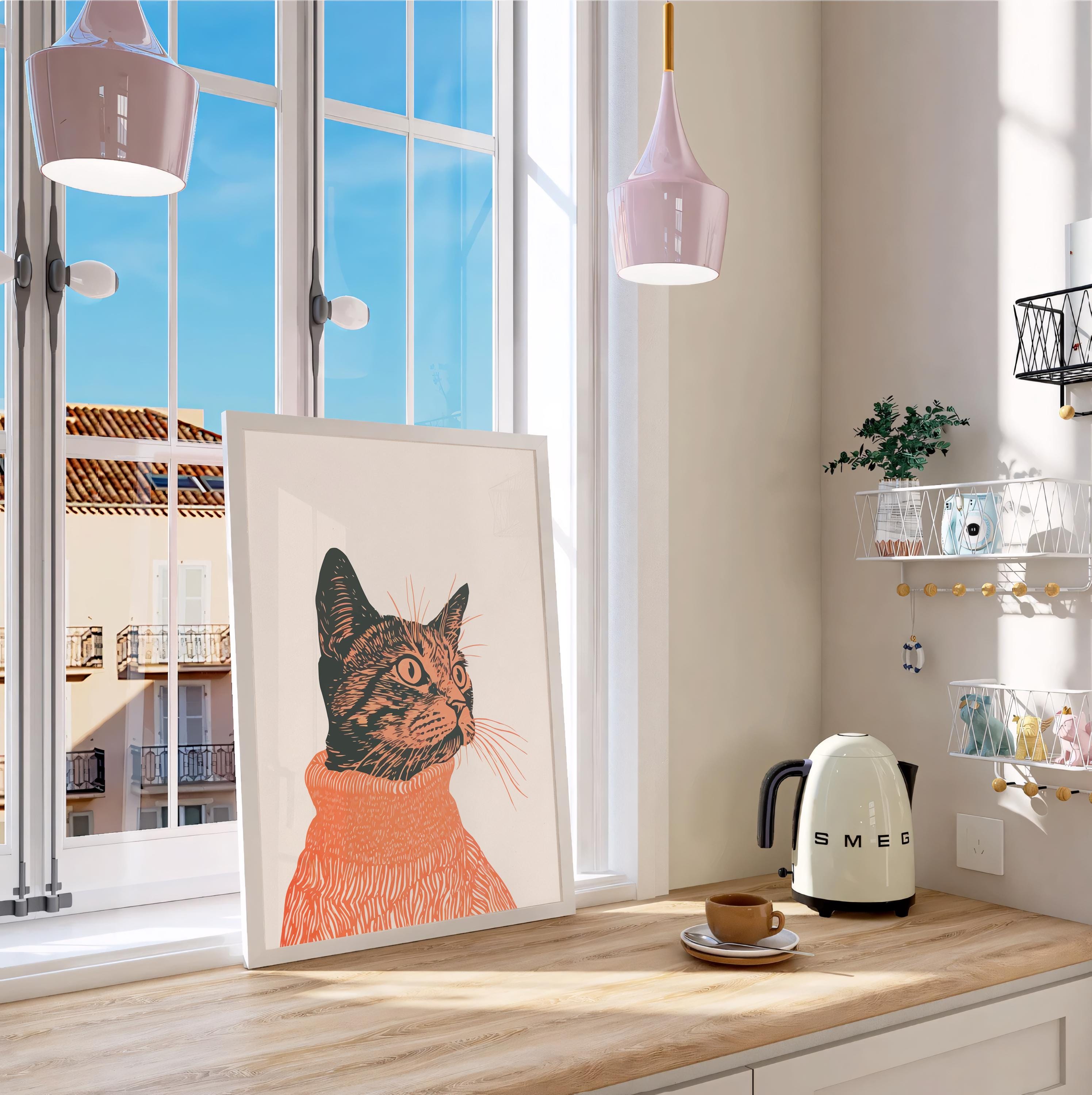 Tabby Cat Wall Art Print - Retro Linocut Illustration, Vintage Boho ...
