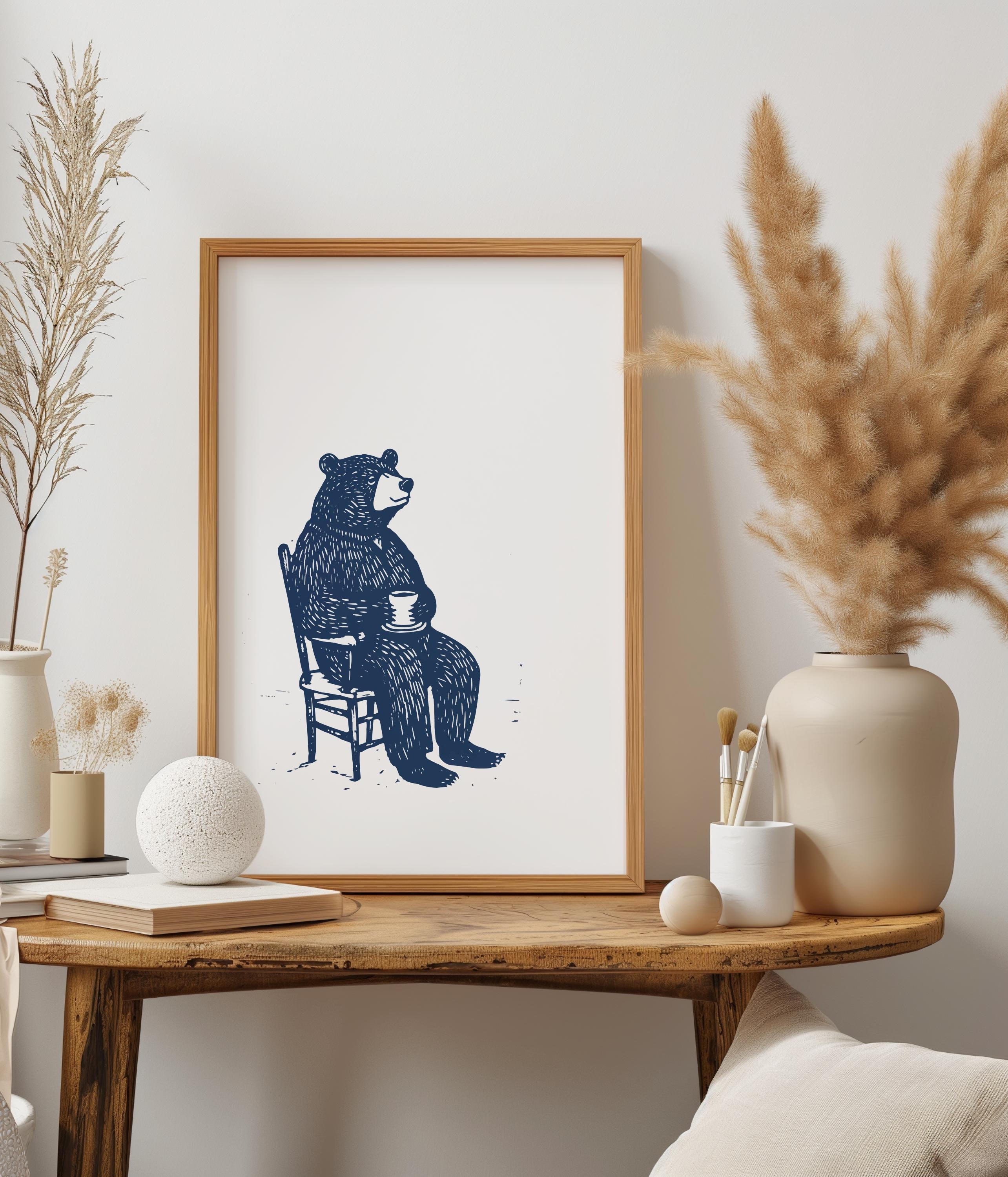 絵画。原画【コーヒーカップの熊ちゃんは喜んでコーヒーを飲みます】 風変わりなクマのコーヒーアートプリント、かわいいクマの絵、レトロな