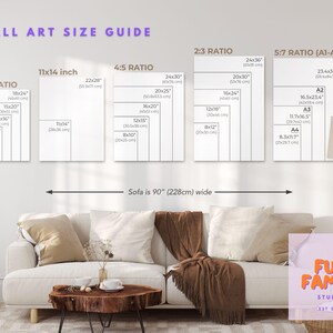 May include: A wall art size guide with different ratios and sizes in inches and centimeters. The guide shows how different sizes of wall art would look above a 90-inch wide sofa.