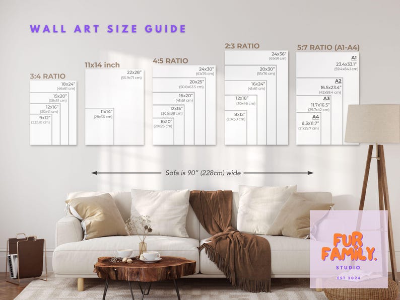 May include: A wall art size guide with different ratios and sizes in inches and centimeters. The guide shows how different sizes of wall art would look above a 90-inch wide sofa.