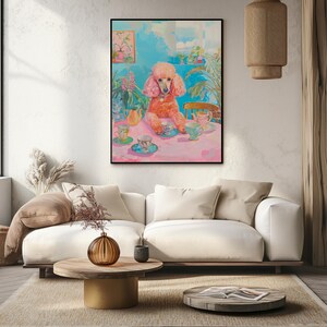 Arte surreal de poodle rosa, arte psicodélica, pôster retrô de cachorro e café, pintura de xícaras de chá para sala de jantar, decoração de cozinha feminina com dopamina imagem 8