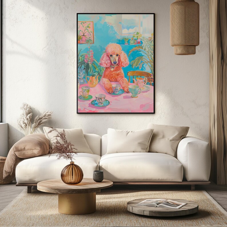 Arte surreal de poodle rosa, arte psicodélica, pôster retrô de cachorro e café, pintura de xícaras de chá para sala de jantar, decoração de cozinha feminina com dopamina imagem 8