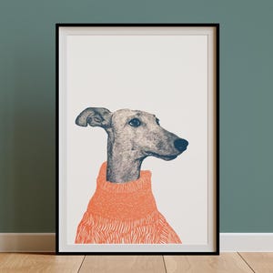 Retro Greyhound Art Print, Weird Quirky Linocut Whippet Wall Art, Italian Greyhound Drawing,Vintage Boho Eclectic Minimal Decor,Owner Gift