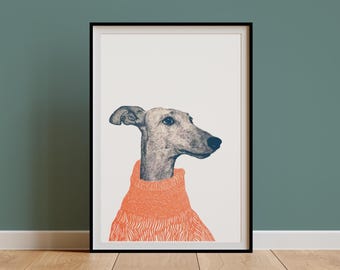 Retro Greyhound Art Print, Weird Quirky Linocut Whippet Wall Art, Italian Greyhound Drawing,Vintage Boho Eclectic Minimal Decor,Owner Gift