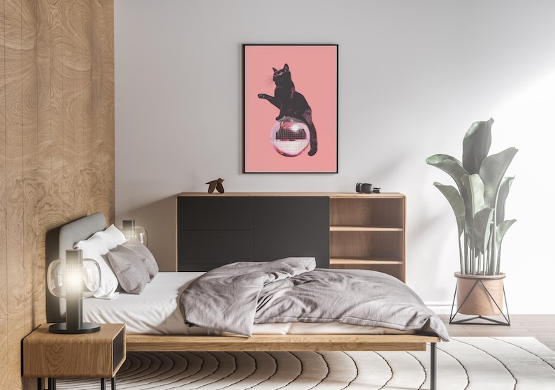 Black Cat Disco Ball Poster,funky Disco 70s Print,retro Cat Wall Art