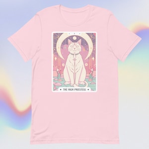 Camiseta con carta del tarot de gato, camiseta del tarot de la suma sacerdotisa, camiseta con gráfico de meme de gato, camiseta unisex de gran tamaño con diseño de bruja hippie y pentáculo extraño bohemio, regalo de gato mágico