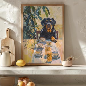 Retro Rottweiler Art Print, Dog & Coffee Illustration Poster, Dining Room Teacups Artwork,Still Life Painting,Vintage Kitchen Decor,Mom Gift image 6