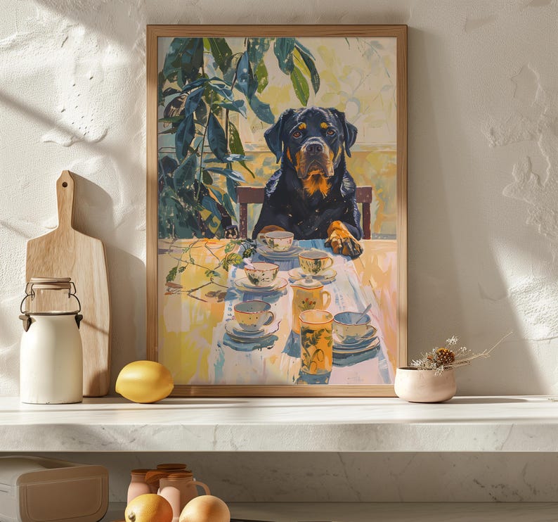 Retro Rottweiler Art Print, Dog & Coffee Illustration Poster, Dining Room Teacups Artwork,Still Life Painting,Vintage Kitchen Decor,Mom Gift image 6