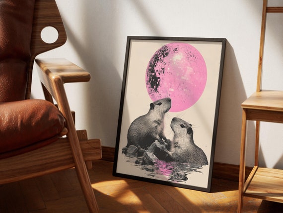 Cute Capybara Art, Disco Ball Moon Poster,Funky 70s Collage,Retro Capybara Wall Art,Cool Dorm Room Decor,Animal Lover Gift for Her,Kids Room