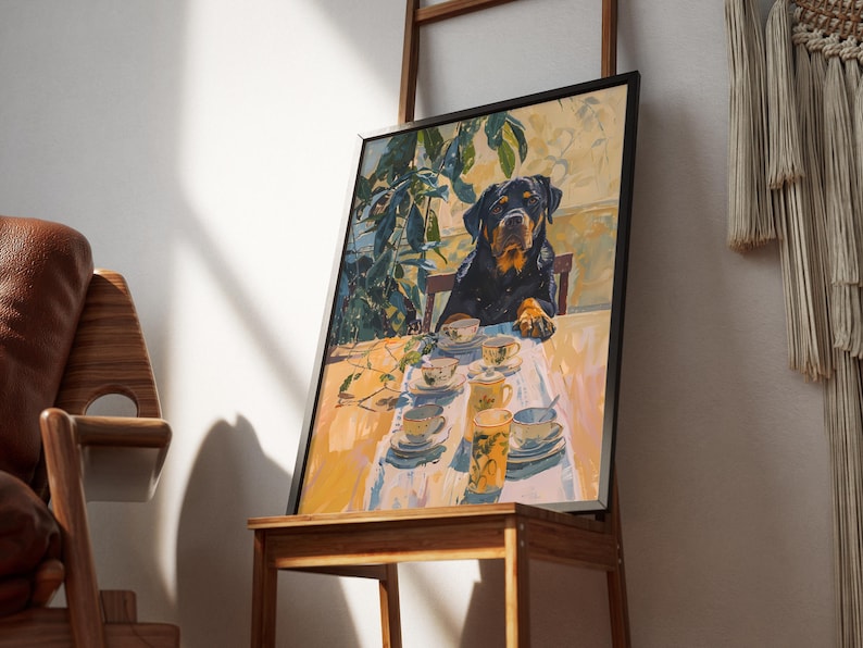 Retro Rottweiler Art Print, Dog & Coffee Illustration Poster, Dining Room Teacups Artwork,Still Life Painting,Vintage Kitchen Decor,Mom Gift image 3
