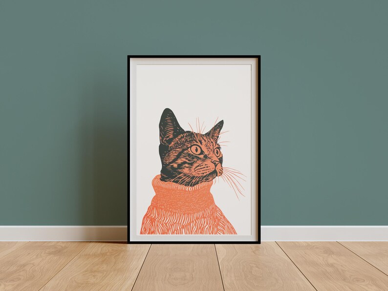 Tabby Cat Wall Art Print - Retro Linocut Illustration, Vintage Boho ...