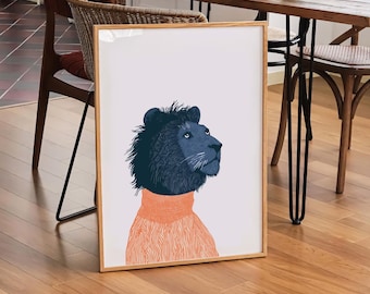 Retro Lion Drawing Artwork, Awkward Illustrated Lion Wall Art, African Animal Painting,MidCentury Modern Decor,Linocut Feline Art Hiker Gift