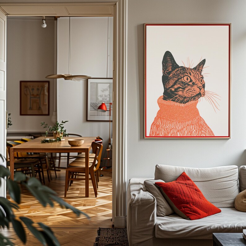 Tabby Cat Wall Art Print - Retro Linocut Illustration, Vintage Boho ...