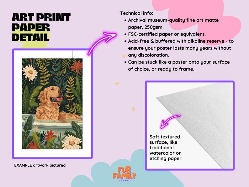 May include: A golden retriever dog in a bathtub surrounded by lush green foliage and colorful flowers. The image is an example of artwork printed on archival museum-quality fine art matte paper, 250gsm. The paper is FSC-certified, acid-free, and buffered with alkaline reserve to ensure the print lasts many years without discoloration. The paper has a soft textured surface, like traditional watercolor or etching paper.