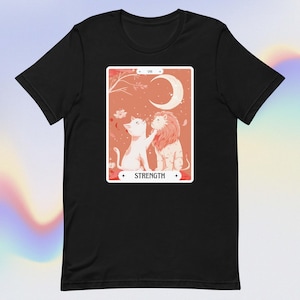 Camiseta con carta de tarot de gato, camiseta de tarot de fuerza, divertida camiseta con gráfico de meme de gato león, linda camiseta unisex de gran tamaño estilo bohemio kawaii con gato de anime, regalo de gato mágico