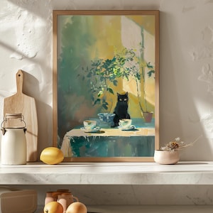 Retro Black Cat & Coffee Print, Vintage Tea Cups Illustration Poster, Kitchen Decor, Dining Room Wall Art, Still Life Painting, Cat Mom Gift image 3